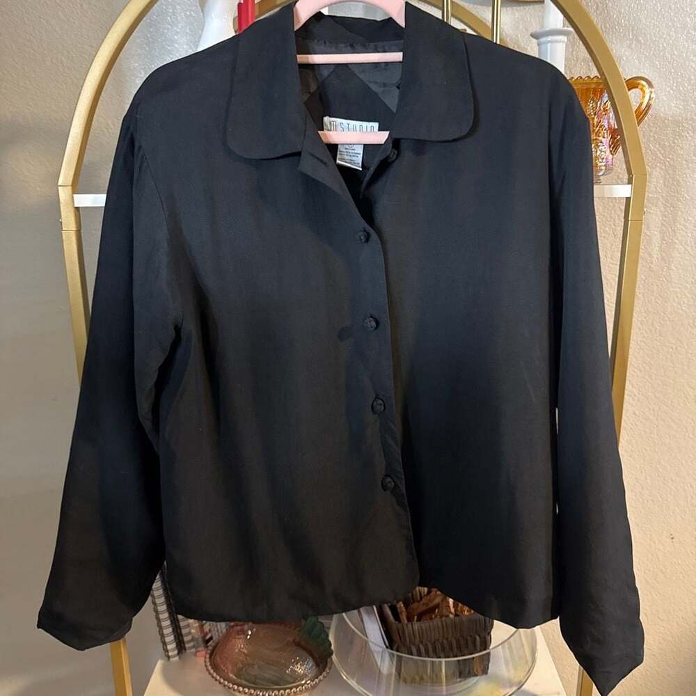 JM Studio Women's Black Long Sleeve Button-Front Silk-Blend Blouse